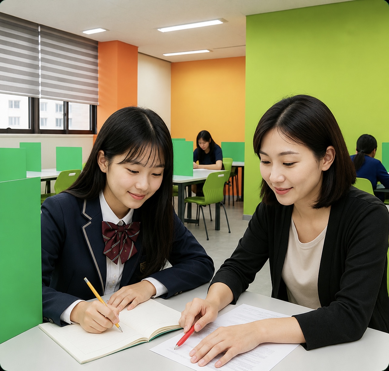 학생이 학습 코치와 함께 교재를 살펴보는 모습